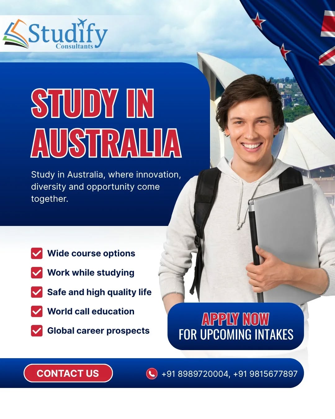 Ready for a global career? Study abroad in Australia 🇦🇺 and unlock your potential.
Apply Now 

-------------------------------------------------------------

For more details: Studify Consultants, SCO 64 sector 47 Chandigarh
Contact us:📞📞
Mobile/WhatsApp: +91 98156 77897 +91 89897 20004 

www.studifyconsultants.in

-------------------------------------------------------------

#travel #university #studyinaustralia  #visa #australia🇦🇺