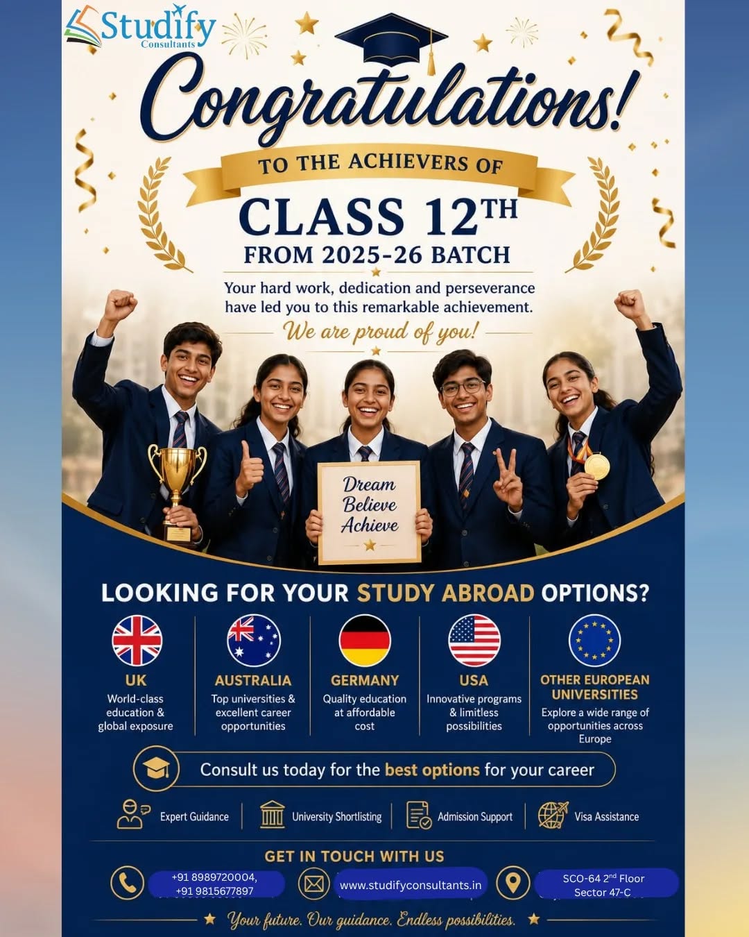 ● Fulfill your Dream ●

✅ Apply your Study Visa Now
✅ Free Counselling

-------------------------------------------------------------

For more details: contact : Studify Consultants, SCO 64 sector 47C Chandigarh
Contact us:📞📞
Mobile/WhatsApp: +91 98156 77897 +91 89897 20004

www.studifyconsultants.in

-------------------------------------------------------------

#studyinaustralia🇦🇺 #university #studyingermany🇩🇪 #studyinuk🇬🇧 #studyinnewzealand🇳🇿️