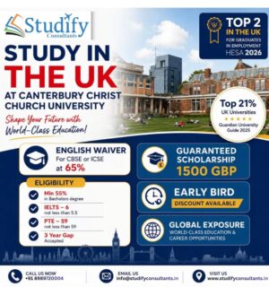 Unlock a world-class education in UK with Studify Consultants...!
-----------------------------------------------------
For more details: Studify Consultants, SCO 64 sector 47C Chandigarh
Contact us:📞📞
Mobile/WhatsApp: +91 98156 77897 +91 89897 20004
www.studifyconsultants.in
-----------------------------------------------------
#canterburychristchurchuniversity #ilets #studyinuk🇬🇧 #ukvisa #dailyinsta