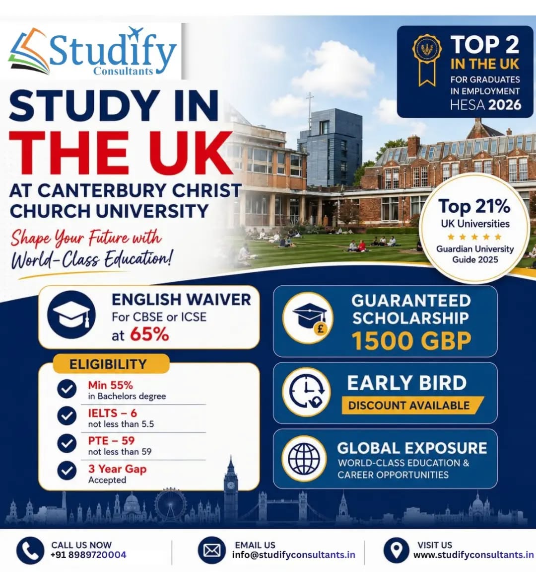 Unlock a world-class education in UK with Studify Consultants...!

-----------------------------------------------------

For more details: Studify Consultants, SCO 64 sector 47C Chandigarh
Contact us:📞📞
Mobile/WhatsApp: +91 98156 77897 +91 89897 20004 

www.studifyconsultants.in

-----------------------------------------------------

#canterburychristchurchuniversity #ilets #studyinuk🇬🇧 #ukvisa #dailyinsta