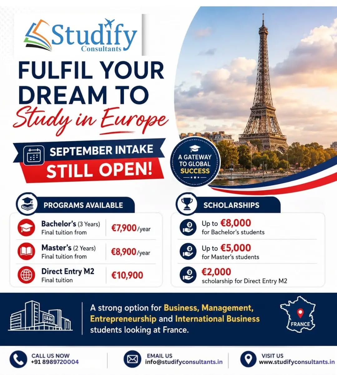 ● Fulfill your Dream ●

✅ Apply your Study Visa Now
✅ Free Counselling

-------------------------------------------------------------

For more details: contact : Studify Consultants, SCO 64 sector 47C Chandigarh
Contact us:📞📞
Mobile/WhatsApp: +91 98156 77897 +91 89897 20004

www.studifyconsultants.in

-------------------------------------------------------------

#visa #university #studyvisa #flight