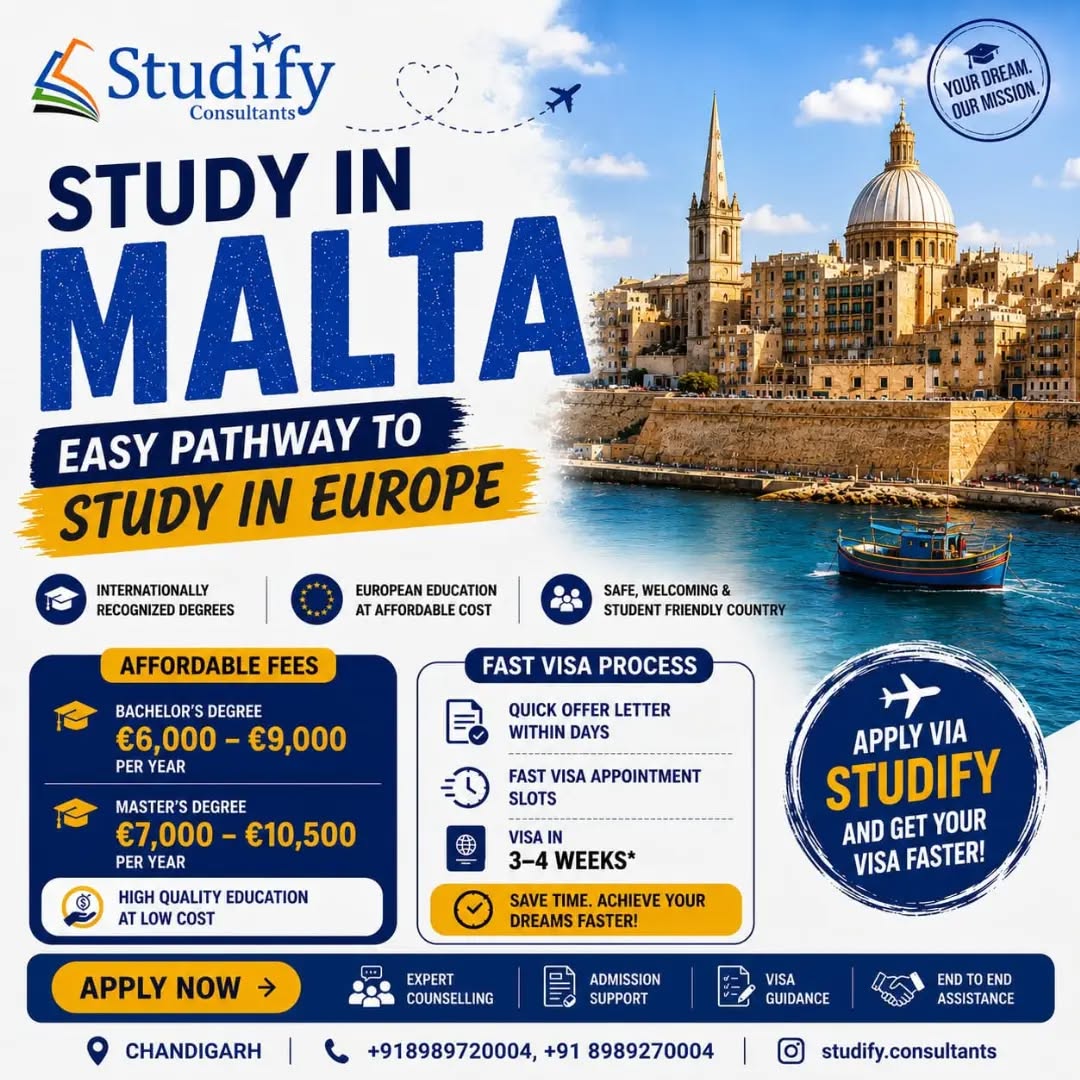 Ready to study in Europe? 🌍 Apply to top universities in Malta with Studify Consultants and fast-track your student visa!
✨ End-to-End Assistance
✨ Quick Offer Letters
✨ Affordable Tuition Fees
-----------------------------------------------------
For more details: contact : Studify Consultants, SCO 64 sector 47C Chandigarh
Contact us:📞📞
Mobile/WhatsApp: +91 98156 77897 +91 89897 20004
www.studifyconsultants.in
-----------------------------------------------------
#europestudyvisa✈️ #university #studyvisaconsultant #flight #malta