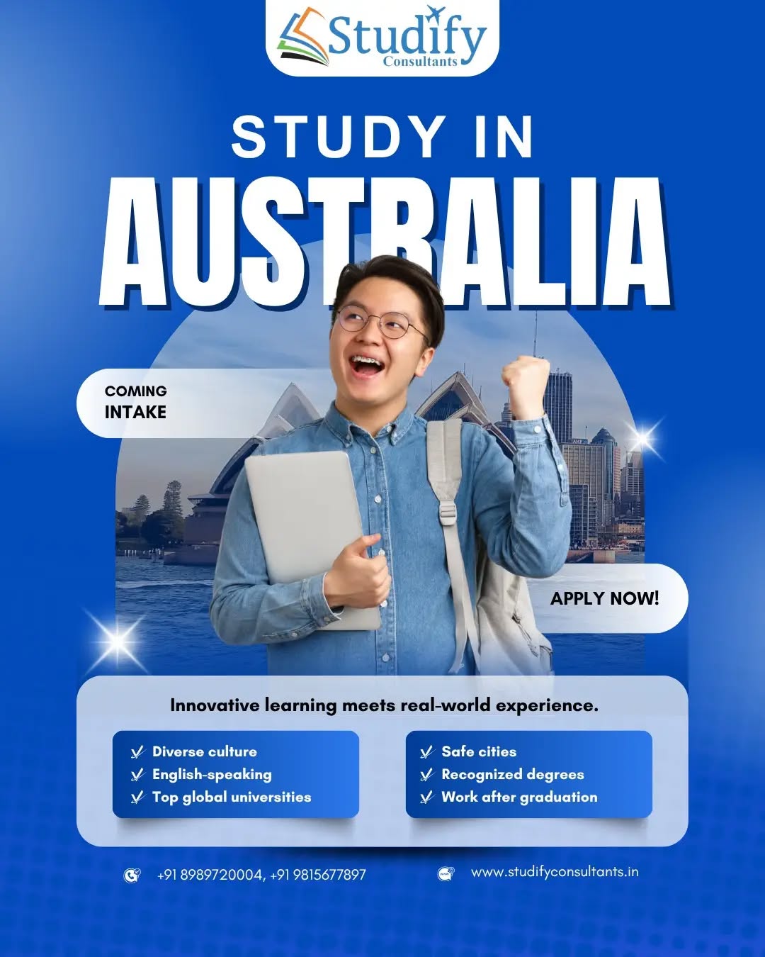Ready for a global career? Study abroad in Australia 🇦🇺 and unlock your potential.
Apply Now 

-------------------------------------------------------------

For more details: Studify Consultants, SCO 64 sector 47 Chandigarh
Contact us:📞📞
Mobile/WhatsApp: +91 98156 77897 +91 89897 20004 

www.studifyconsultants.in

-------------------------------------------------------------

#travel #university #studyinaustralia  #visa #australia🇦🇺